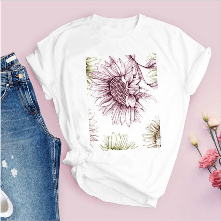 Fashion Flower Graphic Woman T-Shirt 90S Summer Loose Short Sleeve Female Tops Children Blouses Streetwear Y2K Clothes