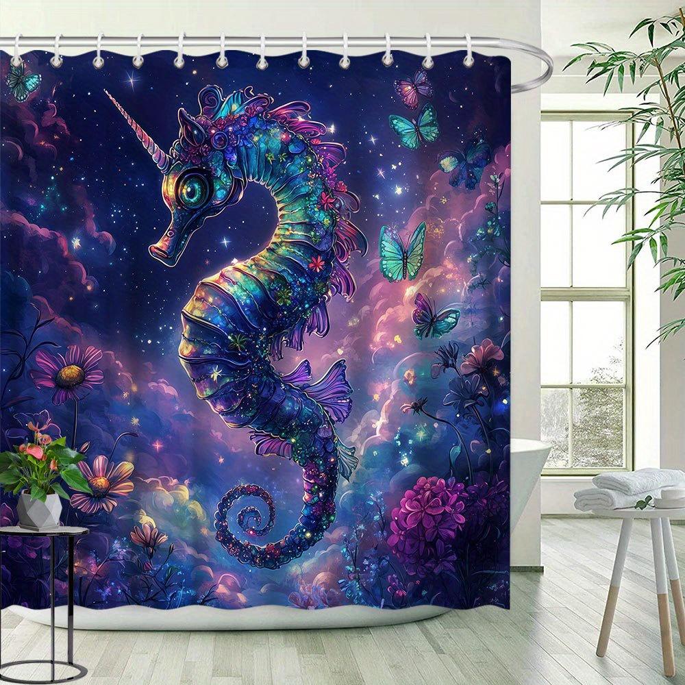 Magical Seahorse Print Waterproof Shower Curtain for Bathroom,Vibrant Floral &Butterfly Design High-End Toilet Partition Curtain