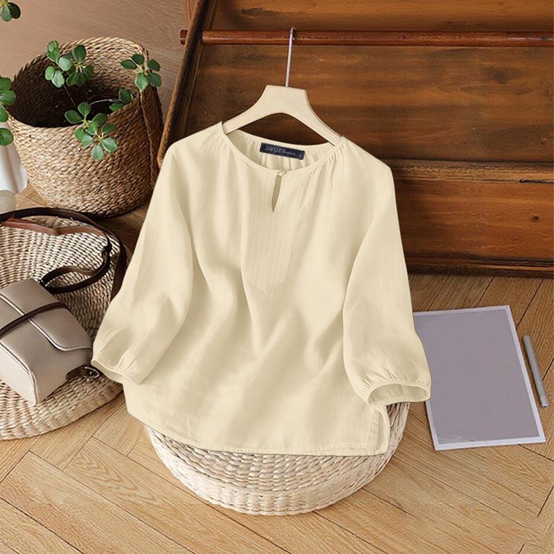 ZANZEA Women Casual Round Neck Solid Color 3/4 Sleeve Loose Blouse