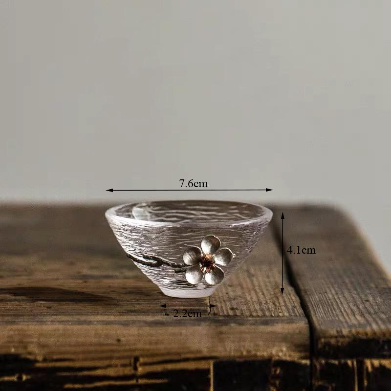 Japanese Style Glass Tin Plum Blossom Water Cup Flower Kung Fu Tea Drinking Mug Transparent Teacup