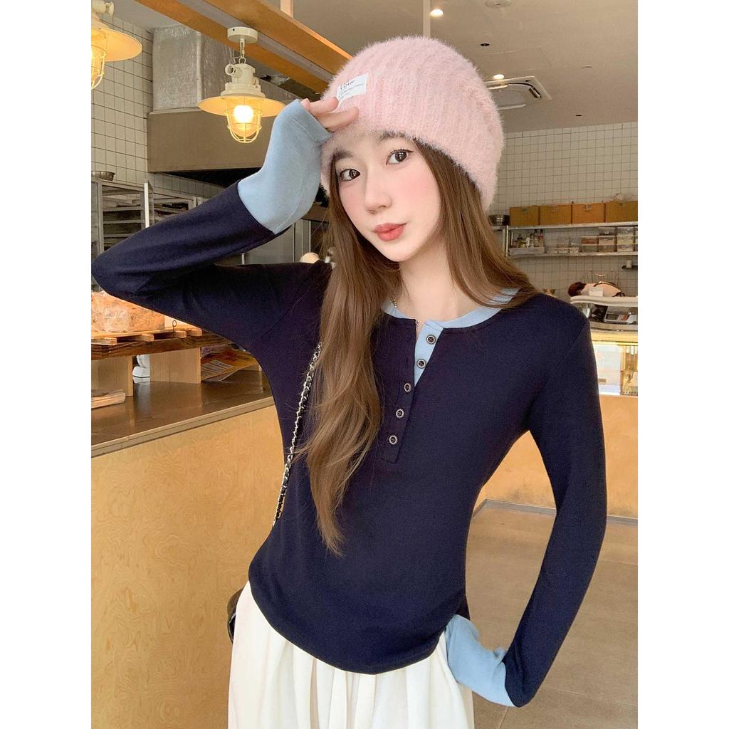 Women's Brushed Half-Button Solid Color Layered Long Sleeve Top - Autumn/Winter Korean Style