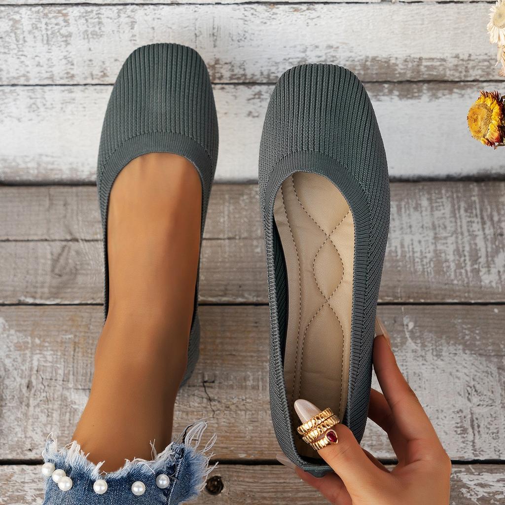 Einfarbiger Rundzehen Fly Woven Flache Sohle Einzelner Schuh für Damen Casual, Atmungsaktiv, Ausgehöhlte Gestrickte Slipper Arbeitsschuhe