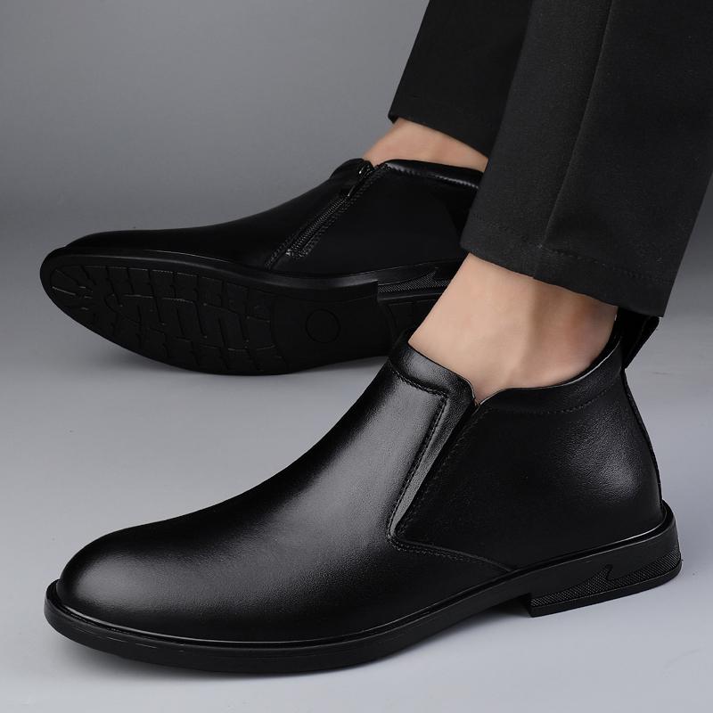 Fashion Winter Mens Genuine Leather Boots Classic  High Quality Ankle Boots with Zippers New Fashion Warm Plush Fur High Top Male Botas