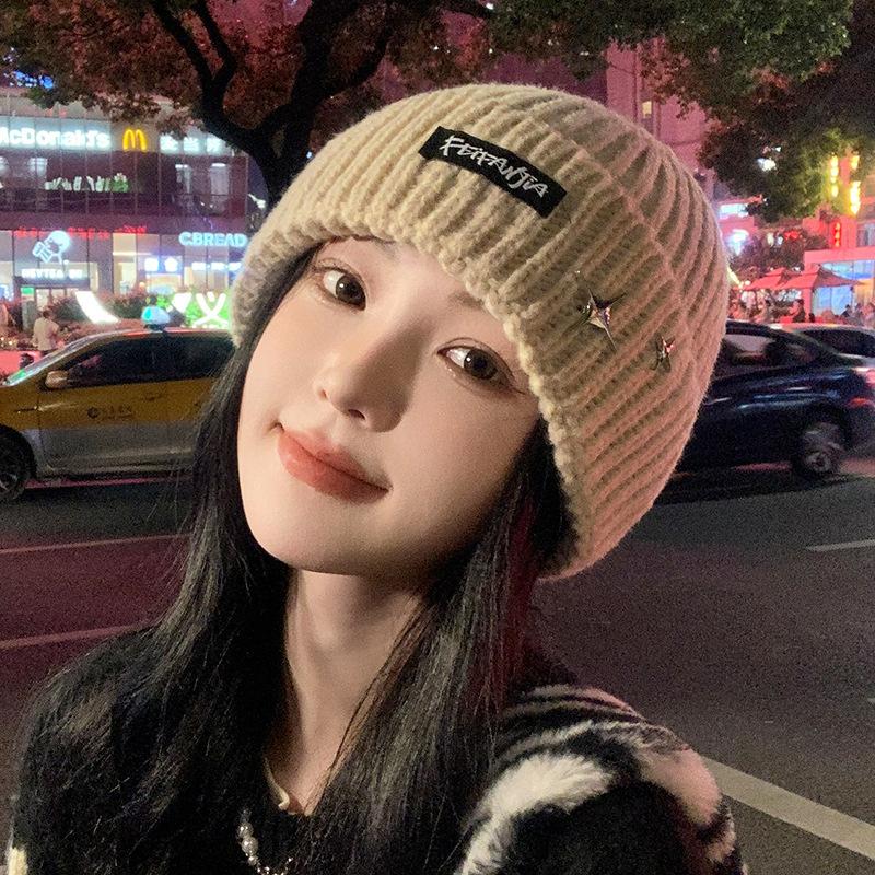 Letter knitted hat women's autumn and winter versatile big head circumference warm ear protection wool hat showing face small hat thickened