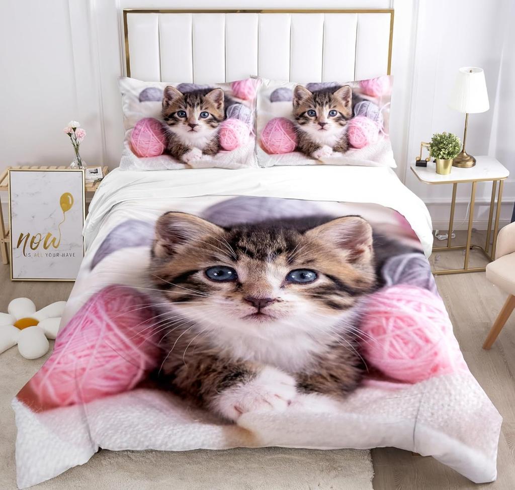 Niedlicher Katze Bettbezug 3D Katzenmuster 3-teiliges Set für Kinder und Erwachsene, Bettwäscheset mit Reißverschluss, 2 Kissenbezüge, ultrafeine Faser
