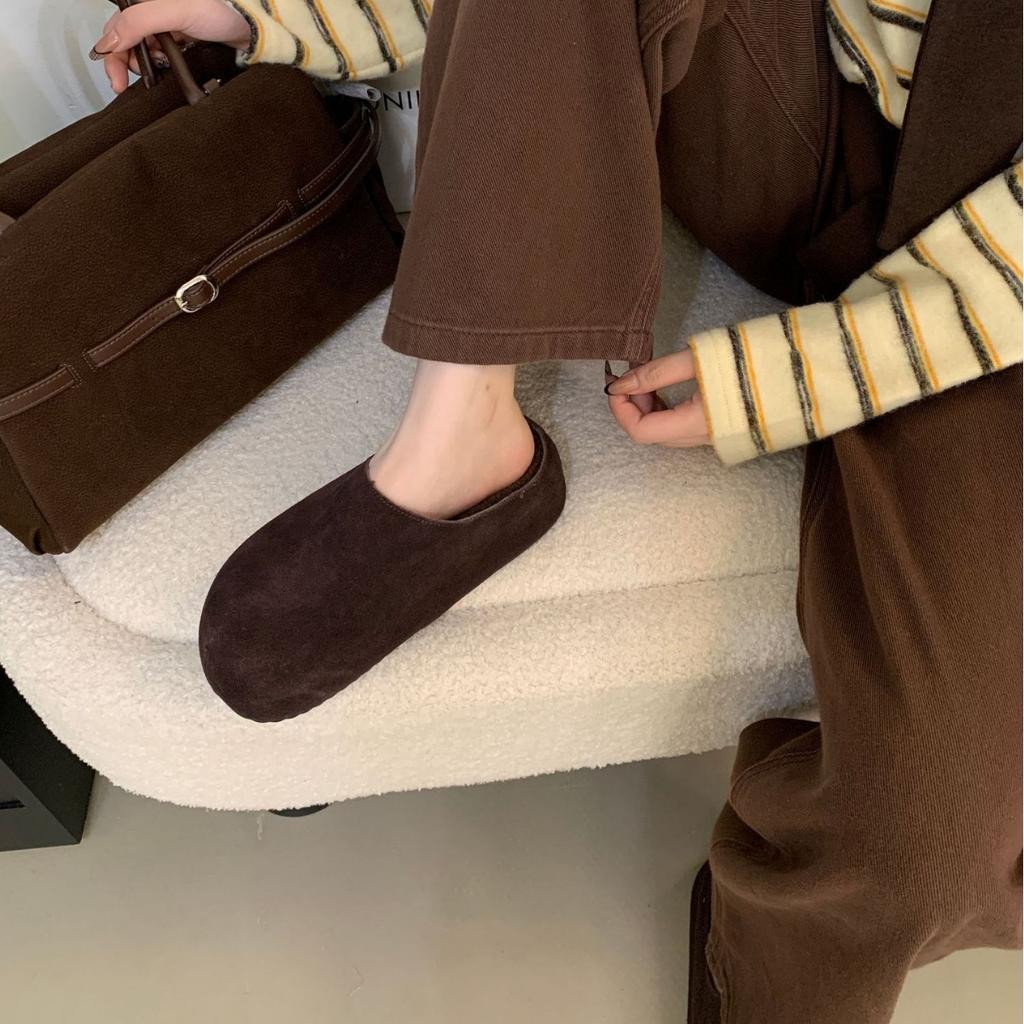 2025 autumn and winter new round head fur leather matte thick bottom outer wear Boken lazy drag
