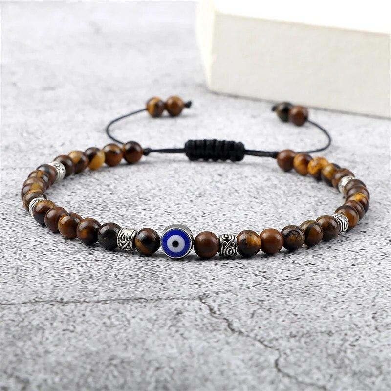 Bracciale Occhio Maligno 4mm Perline di Pietra Lavica Nera Opaca Naturale Bracciale Intrecciato Fatto a Mano per Uomo Donna Yoga Reiki Gioiello Regolabile