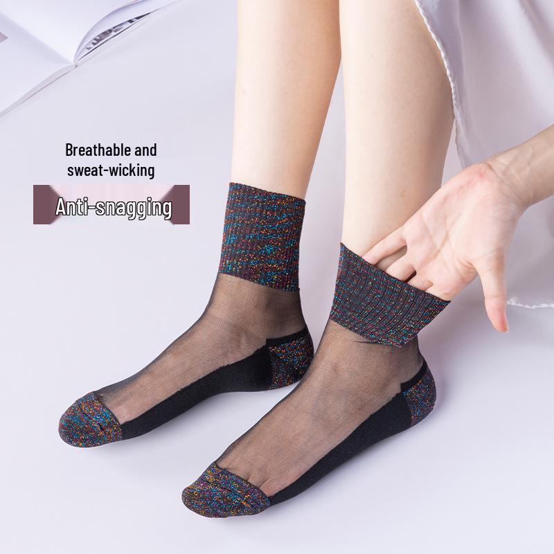 Women's Crystal Silk Stockings: Sexy Japanese Style, Non-slip Korean Design, Transparent Gold & Silver Thread, Mid-calf Socks