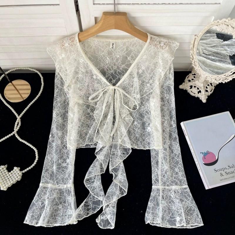 Giacca Estiva Leggera da Donna a Svasatura con Maniche Lunghe, Cardigan Pizzo Corto Ruffled con Laccio Frontale Protezione Solare, Top Sciarpa in Chiffon