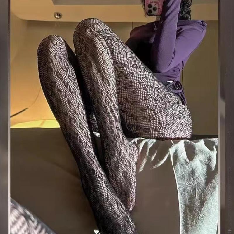 Women Sexy Leopard Fishnet Stocking Mesh Tights Print Punk Stretch Pantyhose Ladies Fashion Hollow Thigh High Slim Black Hosiery