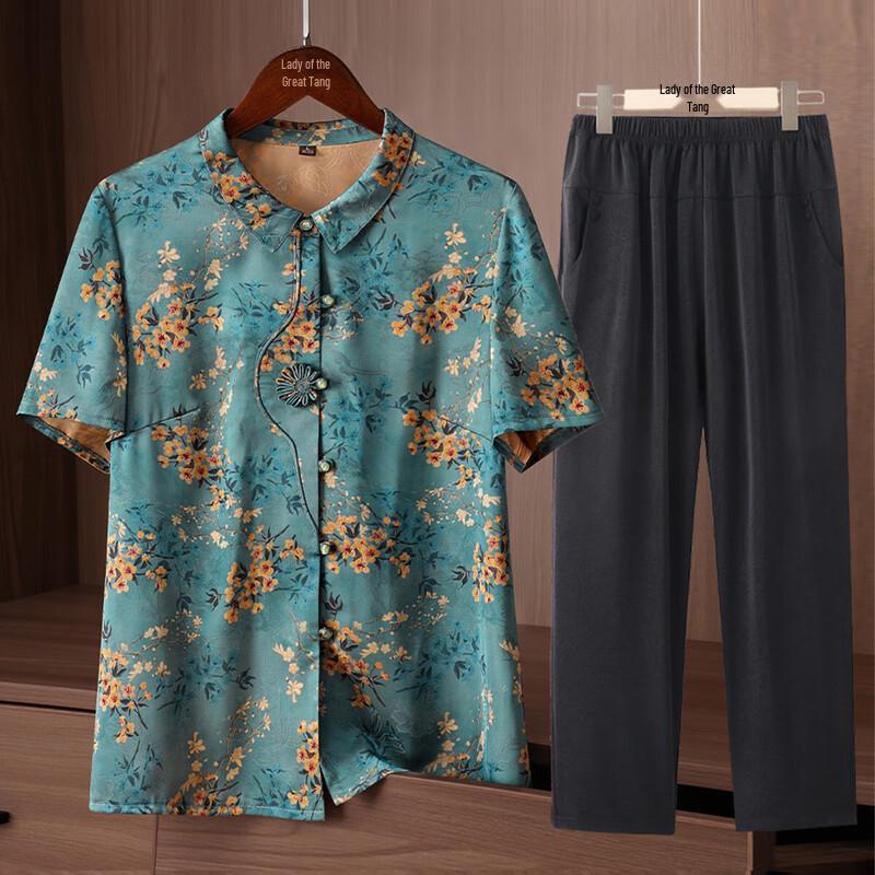 Elderly Women s Summer Lapel Short Sleeve Set XL (Suggested 90-110 jin)