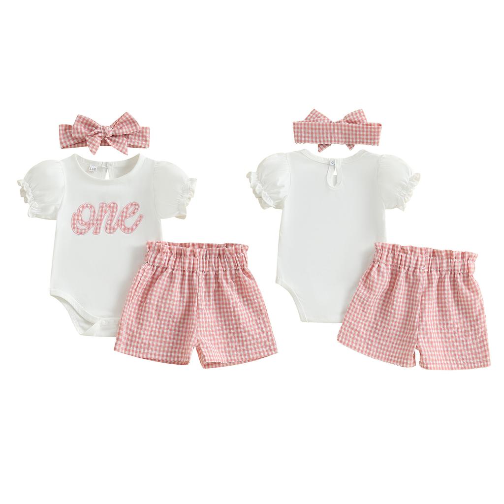 Baby Girls 1st Birthday Outfits Letter Short Puff Sleeve Romper with Plaid Print Shorts and Headband