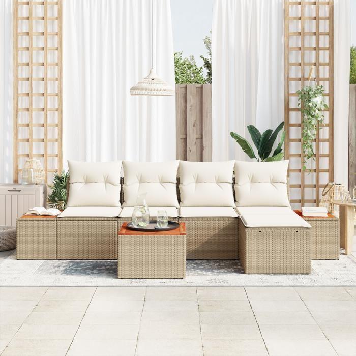 VidaXL Ensemble de canapé de jardin 6 pièces avec coussins Beige Poly Rotin Acacia 3348072