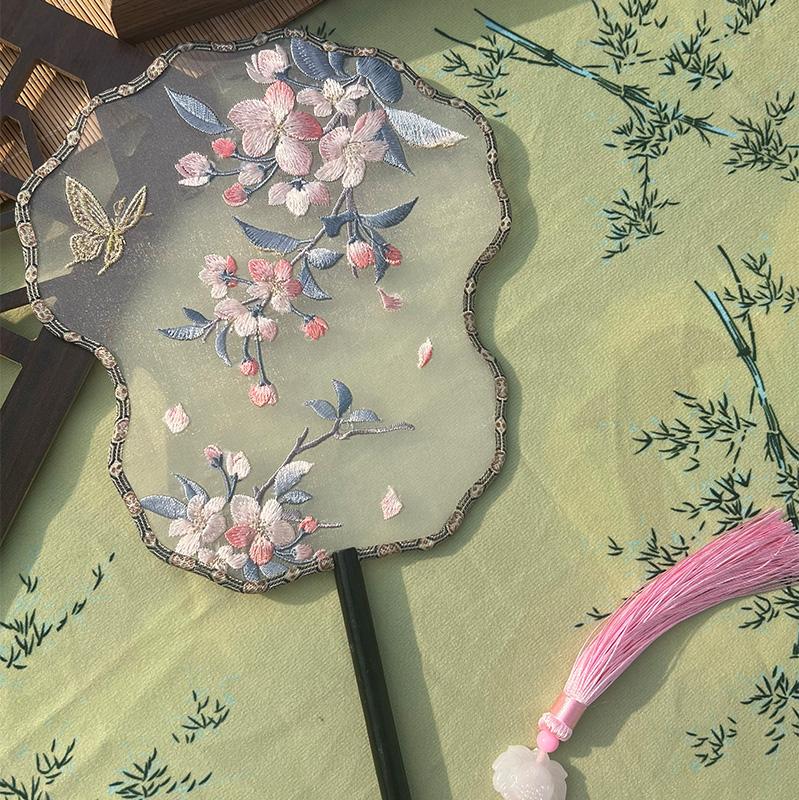 Chinese Style Hanfu Ancient Fan Dance Shooting Long Handled Embroidered Classical Double Sided Fan Female Decorative Fan