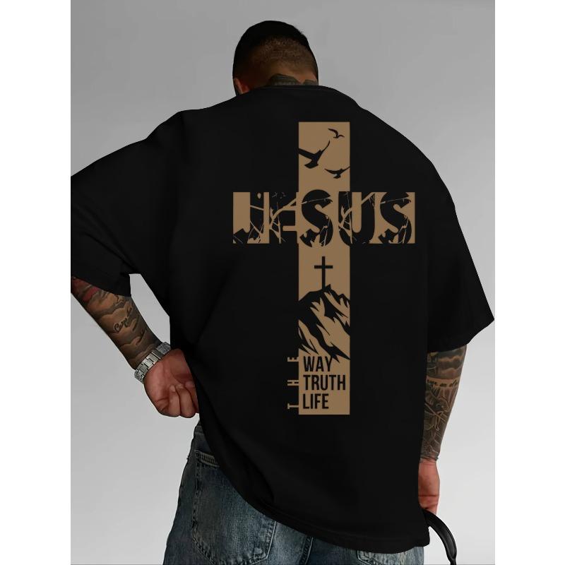 Christian Style  Cross Men's Short-Sleeve T-Shirt, Faith-Themed Loose Fit Top, Soft Breathable Summer Tee