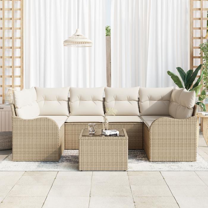 Ensemble de canapés de jardin 7 pièces avec coussins beige poly rotin, Canapé jardin 2 places avec coussins beige poly rotin 3345601