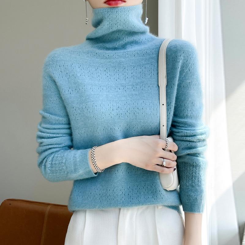 For Autumn and Winter Piled Turtleneck Sweaters Trendy Cut-out Knitted Sweaters for Women and Solid-color Casual Pullovers