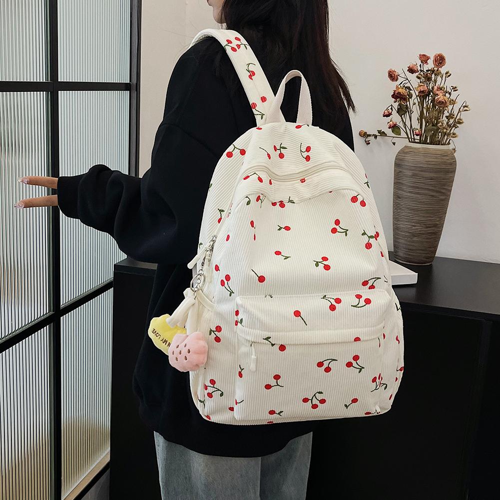 Corduroy Backpack Cherry Pattern Women Travel Daypack Adjustable Strap Laptop Backpack Zipper for Work Shopping School