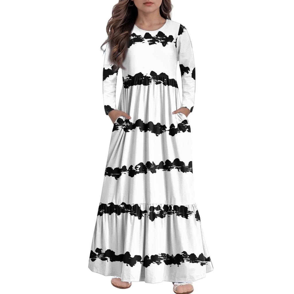 Maxikleid für Mädchen, lässige Urlaubskleider - Langarmkleid mit Taschen für 4-14J