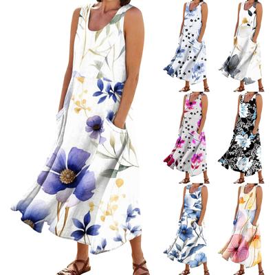 Moda feminina casual sem mangas algodão linho floral estampado pequenos vestidos de bolso