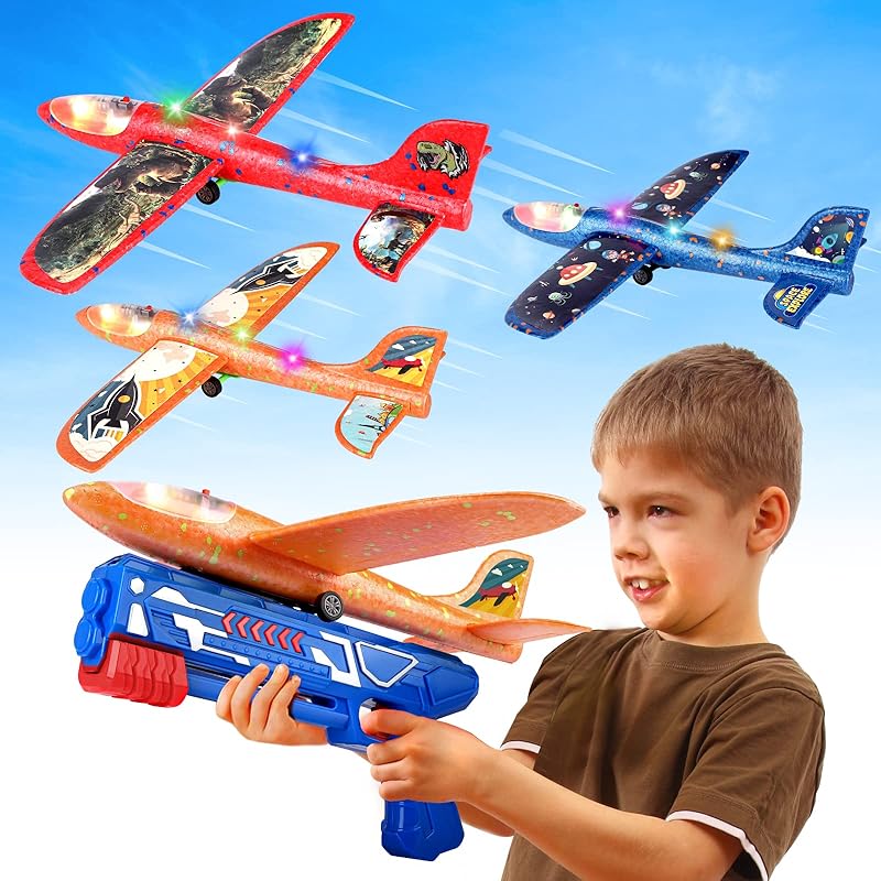 3 Pack Foam Airplane Launcher Toy with 3 DIY Stickers, 12.6  Glider Led Plane, Catapult Plane Boy Toys, Outdoor Sport Flying Toys for Kids Birthday Red&orange&blue