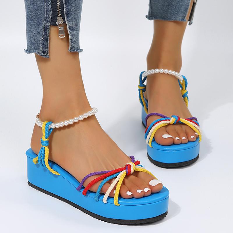 Barva Summer Beach Bohemia Sandály Ženy Perly Kotníkový pásek Gladiátor Boty Žena Platforma Klínky Sandály De Mujer 43