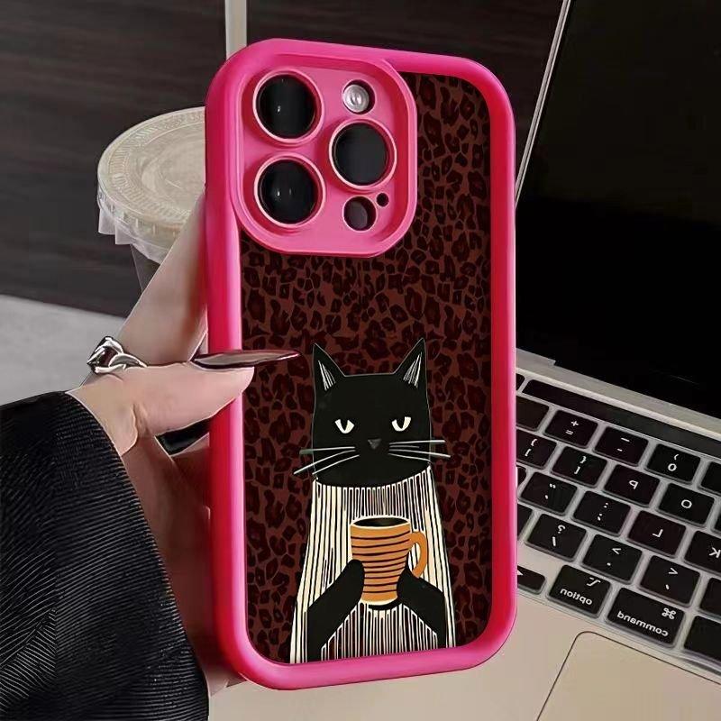 Elegant Black Cat Handheld Coffee Cup Striped Scarf Leopard Print Phone Case for iPhone 17 16 15 14 13 12 11 Pro Max Plus Cover