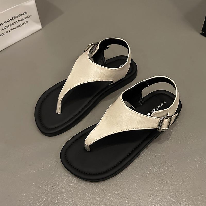 

Лето 2024 года. Классические кожаные сандалии. Женские пляжные туфли с открытым носком и римской пряжкой. Сандалии Trifle из кожи с толстой подошвой и застежкой «рыбий рот» 35 бежевый