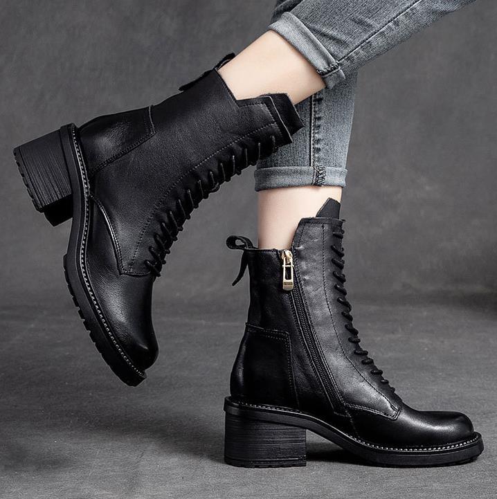 Fashion 2025 Handmade Retro High Heel Boots Women Autumn Winter Full Cow Leather Round Toe Zipper Trend Warm Mid-Calf Boots Female
