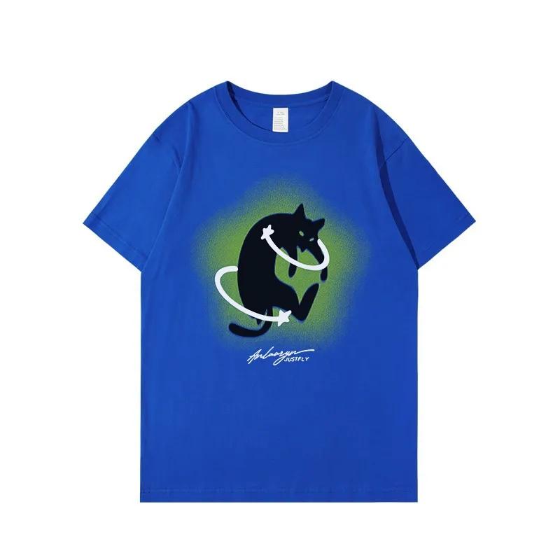 Baumwoll-T-Shirt für Damen, Sommer, Retro, kurzärmelig, Sport, einfache Katzenbluse, locker, dünn und vielseitig für Damen