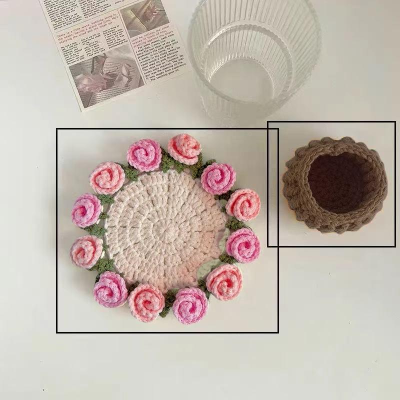 Crochet Coaster Fished Crochet Placemat Cup Pad Heat Insulation Mug Mat Diy Handmade Rose Flower Mother's Day Gift Home Decor