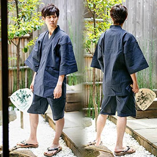 Kyoto Kimonomachi Original Navy Cotton and Size Day Plus Size [KIMONOMACHI] Men's Jinbei, Striped, Linen, L, Father's Gift, Loungewear,