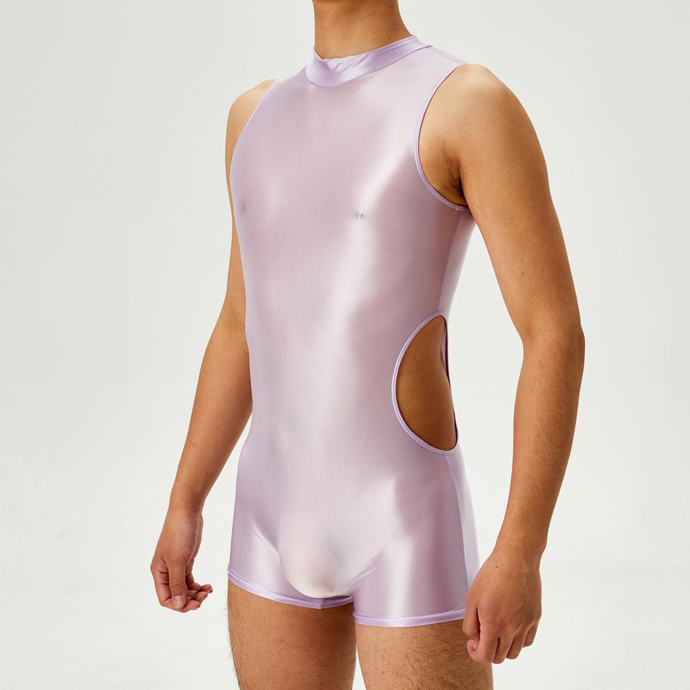 Sexy Herren-Einteiler Ausgeschnittenes Bodysuit Unisex Strumpfhose Elastisches Leotard Öl Glänzend Glatt Leotard Formgebender Jumpsuit