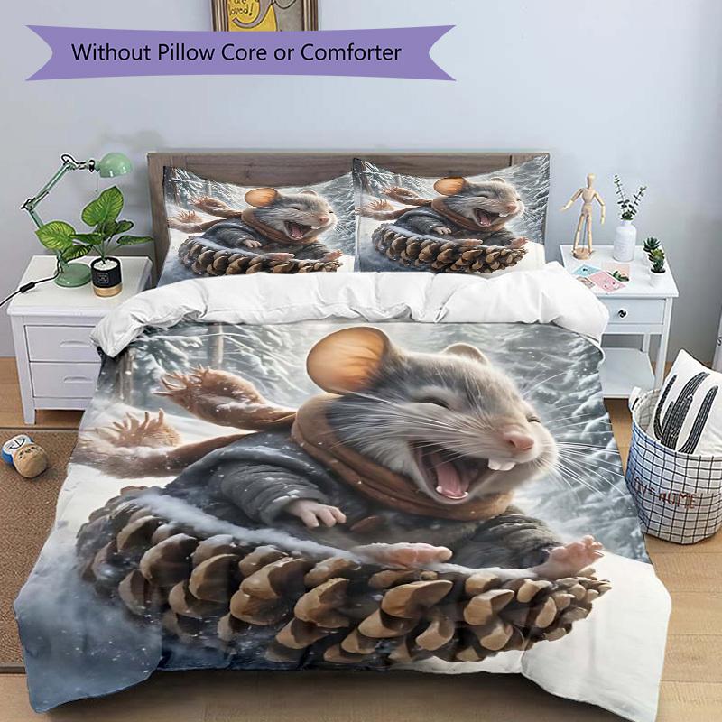 3pcs Anime Mouse Pinecone Bedding Set - Includes One Quilt Cover and Two Pillowcases (No Core) - Festive Gift for Bedroom Decor - Polyester