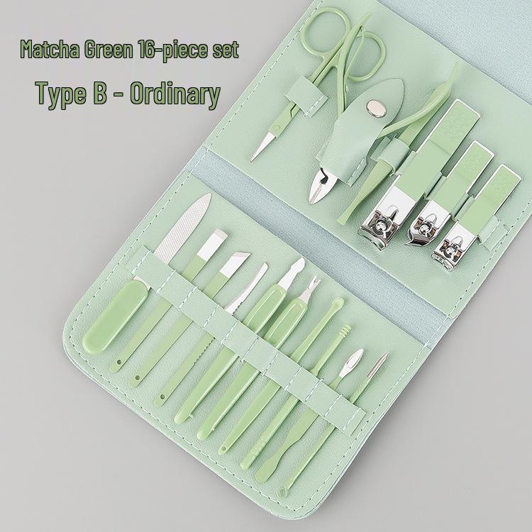 16-Piece Matcha Green Manicure Set: Nail Clippers, Scissors & Tools In Folding Bag