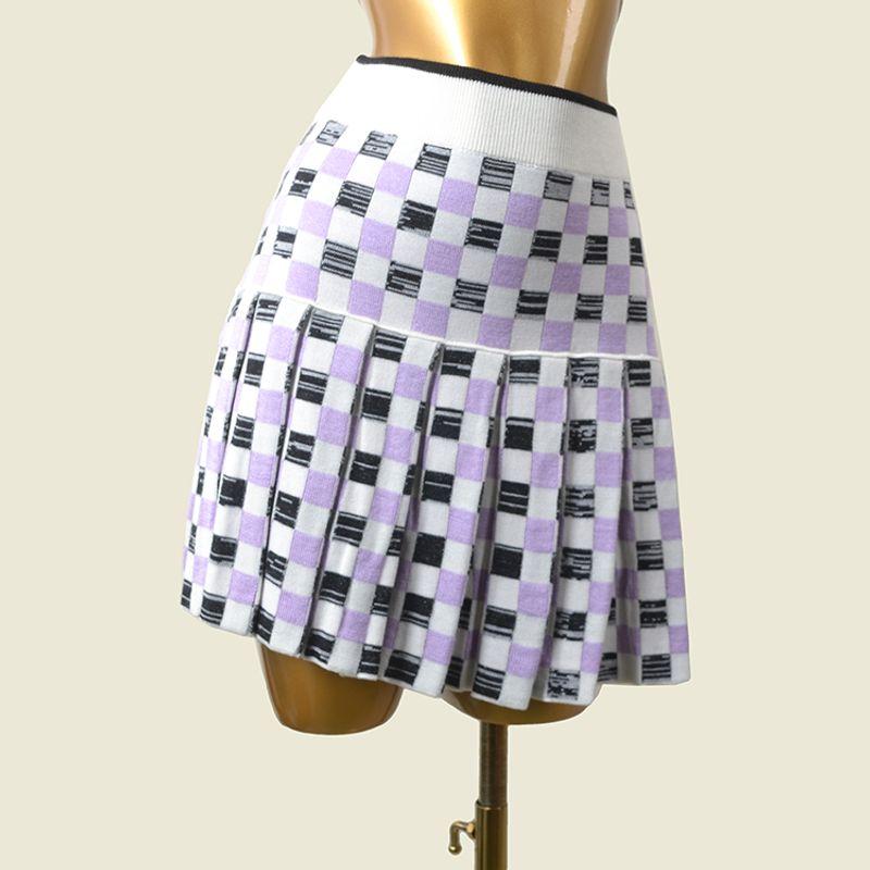 

Sweet Sexy Checkerboard Plaid O-neck Short Knitwear Short Sleeve Gingham Skirt High Waist A- line Pleated Skirt Two-piece Set Skirt 40