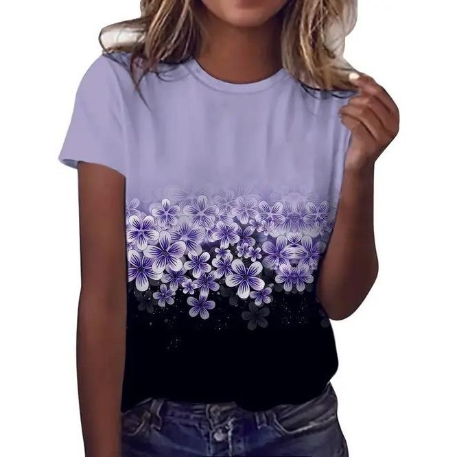 Summer Round Neck 3D Flower Butterfly Pattern Print Top Fashionable Casual Retro Short Sleeved Women's T-shirts