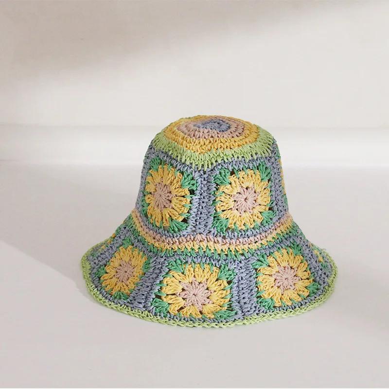 Japan Korea Crochet Beach Straw Hat Women Summer Flowers Grid Pure Hand-woven Hat Sunshade Fisherman Breathable Bucket Gorras