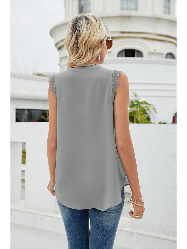 European & American Women's Fashion: Spring/Summer Solid Color V-Neck Sleeveless Shirt with Lace Trim