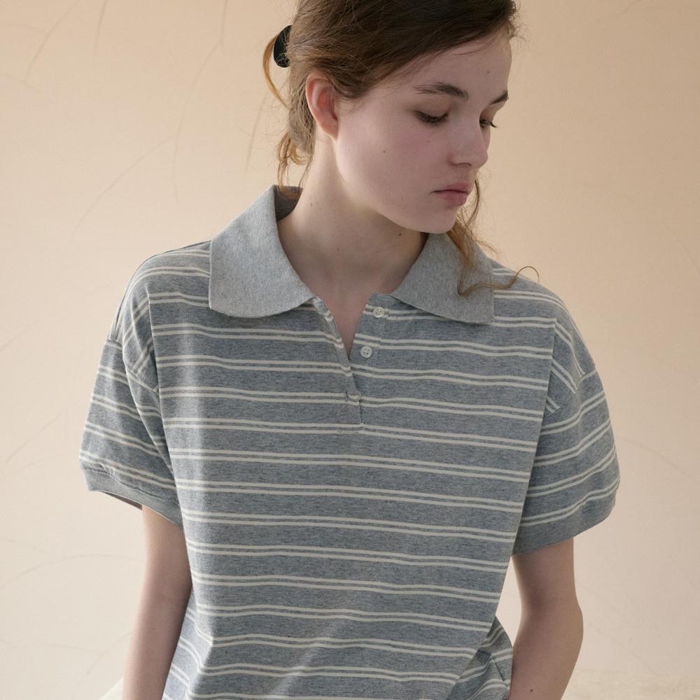 Elssibeui Stripe Polo Collar T-Shirt_Gray