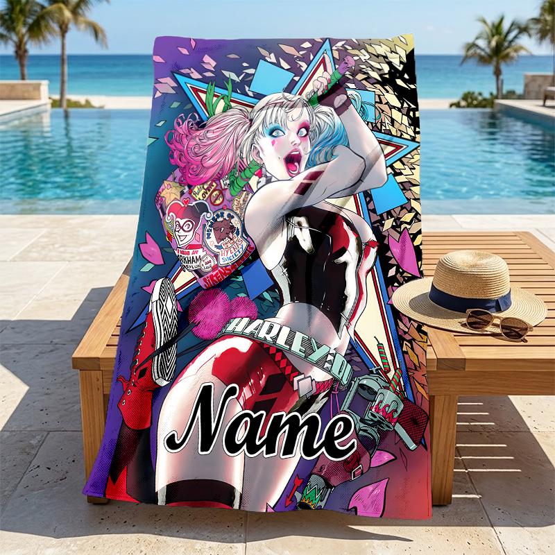 Custom Name Harley Quinn Art Stylish Digital Printing Beach Towel Quick‑Drying Absorbent Blanket for Beach Pool Gym Travel