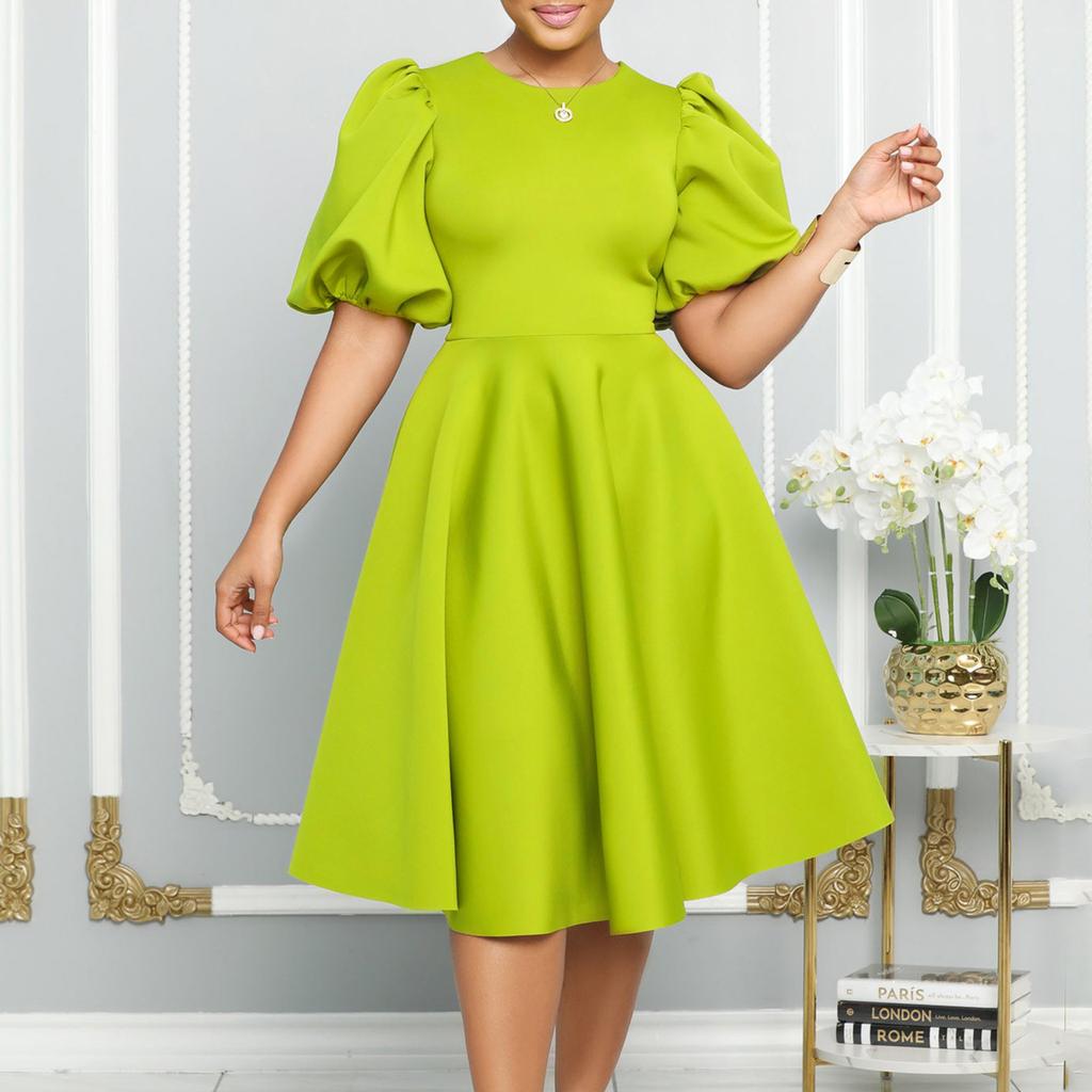 Round neck temperament bubble sleeves waist pendulum dress dress A-word dress