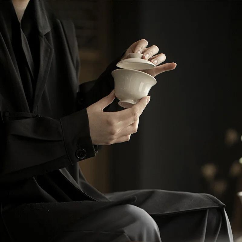 110ml Plant Ash Cover Bowl Creative High Footed Tea Tureen Boutique Ceramic Hand-grasp Bowl Gaiwan Antique Tea Brewing Teaware