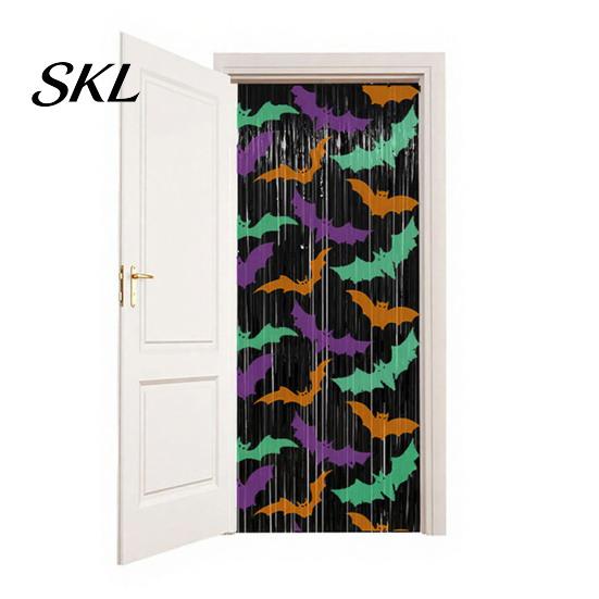 Halloween Room Decoration Foil Fringe Curtain for Halloween, Orange Purple Black Background Event Photo Booth Props, Pumpkin Ghost Bat Party