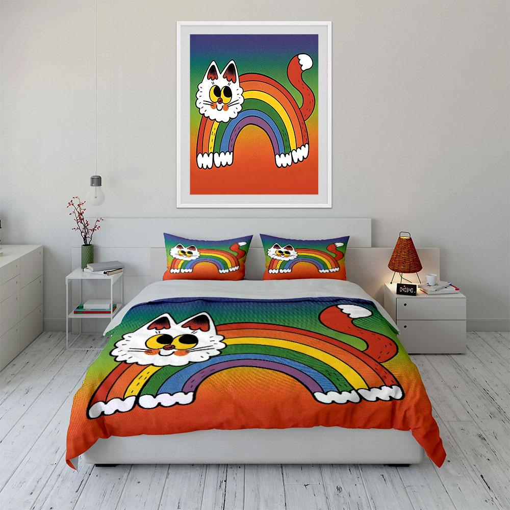 Creative Rainbow Cat Design Printed Duvet Cover Set1 Duvet Cover+2 Pillowcasemulti Size Bedroom Bedding Decor Luxury Gifts