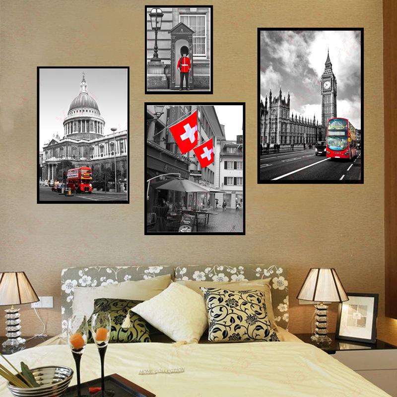 

Скандинавский современный простой красный автобус, телефонная будка, флаг охраны, украшение дома, холст, плакат, картина для гостиной, настенная художественная картина