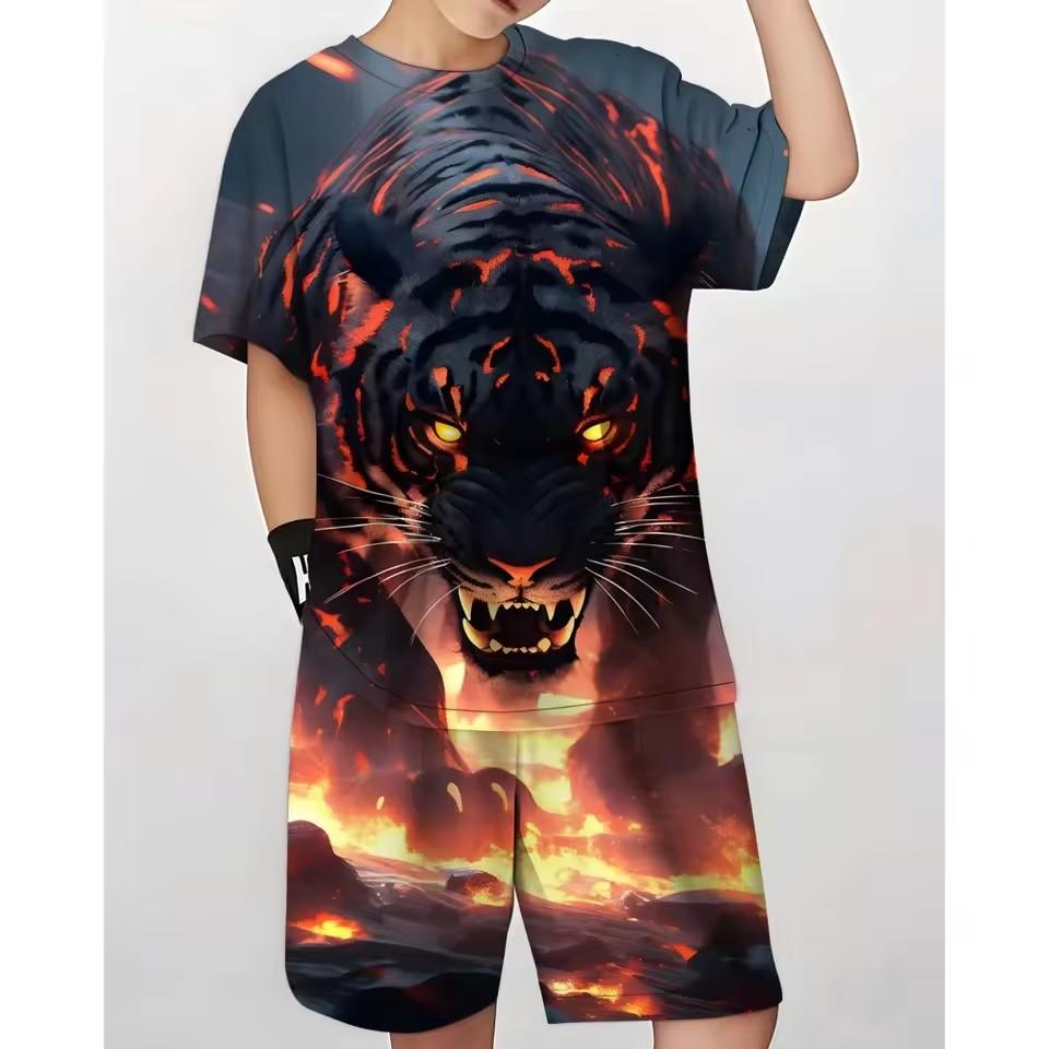 Summer men's T-shirt set, men's clothing T-shirt set, retro street style loose T-shirt short sleeved and shorts set, lightweight