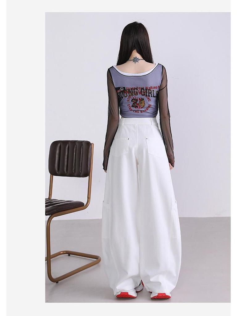 2025 Autumn Women's Spliced Wide-Leg Cargo Pants with Large Pockets