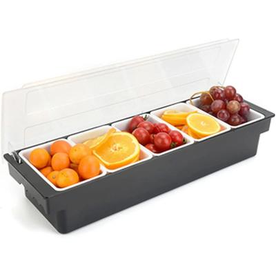 5 Compartments Bar Ingredient Container, Spice Dispenser, Garnish Plastic Fruit Caddy Tray, Home Veggie Box with Lid for Buffet