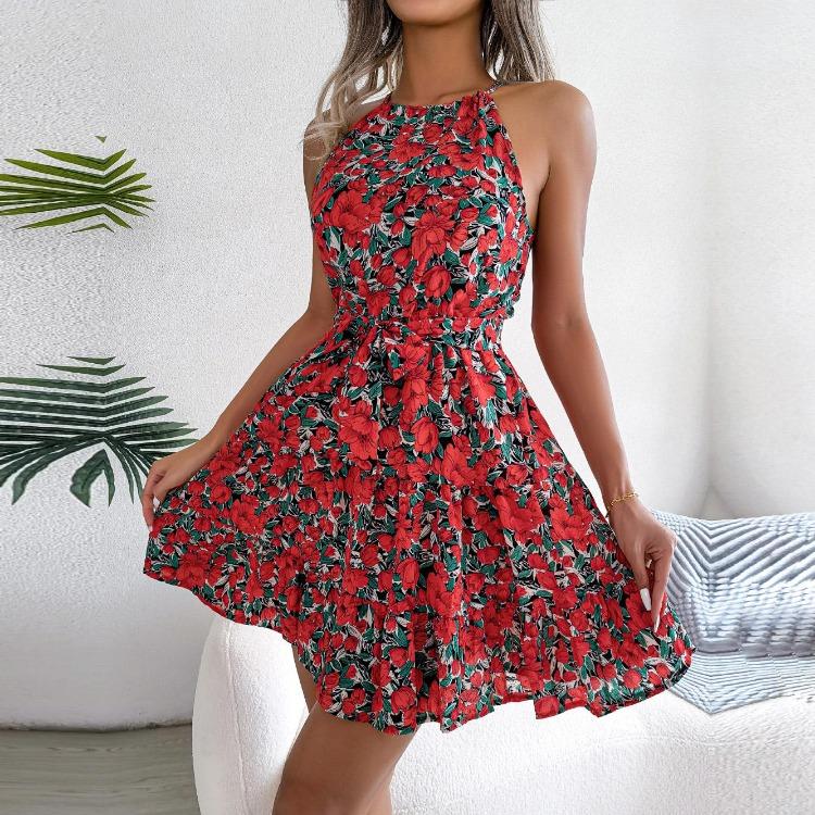 

Летнее Цветочное Платье с Завязкой на Шее, Длинное, Открытая Спина, Необычный Дизайн, Праздничное Платье S-XL Весна Лето S красный